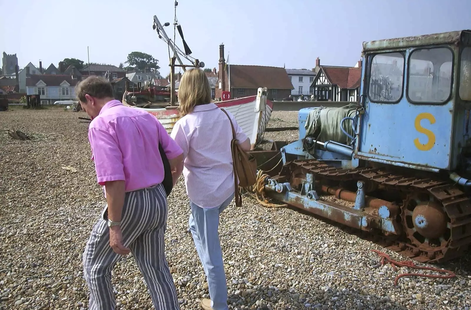 Walking by the derelict bulldozer, from Mother and Mike Visit Aldeburgh, Suffolk - 8th August 2003