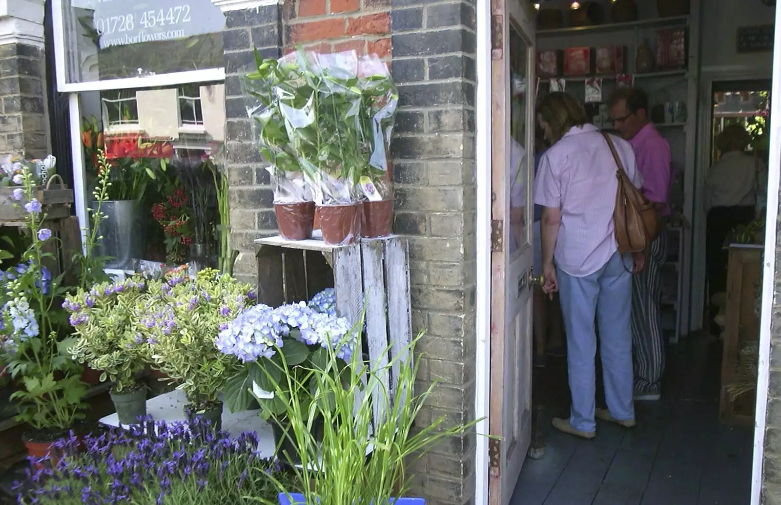 Mother and Mike scope out a flower shop, from Mother and Mike Visit Aldeburgh, Suffolk - 8th August 2003