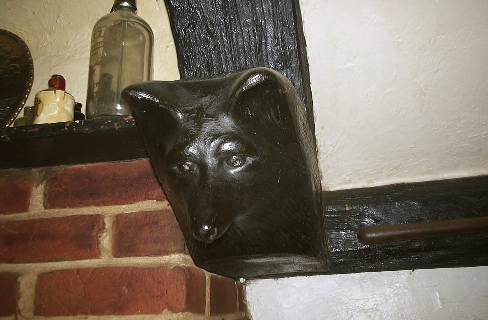 The slightly-spooky wooden fox head, with LED eyes from A BSCC Camping Trip to the Fox Inn, Shadingfield, Suffolk - 9th August 2003