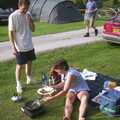 Pippa spears a sausage, A BSCC Camping Trip to the Fox Inn, Shadingfield, Suffolk - 9th August 2003