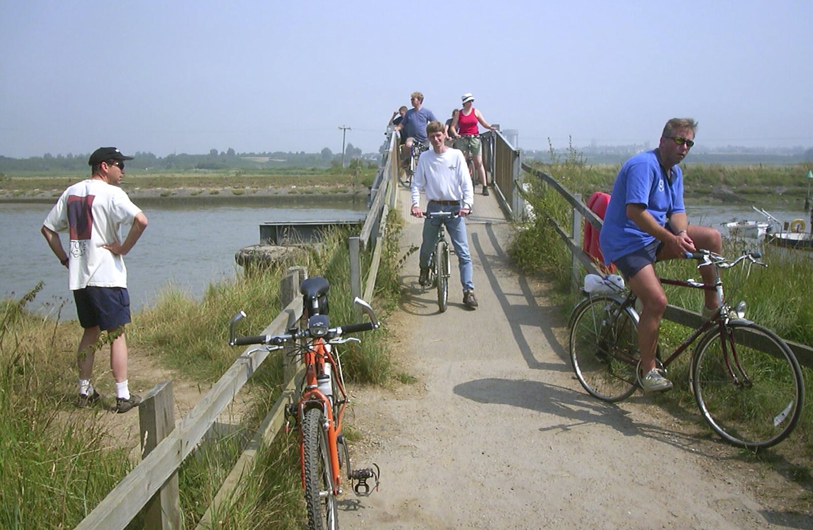 The bike massive on the footbridge to Walberswick from A BSCC Camping Trip to the Fox Inn, Shadingfield, Suffolk - 9th August 2003