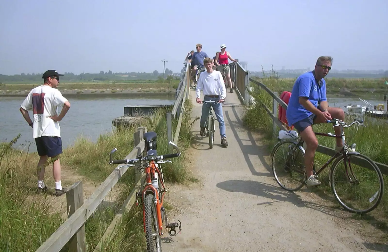 The bike massive on the footbridge to Walberswick, from A BSCC Camping Trip to the Fox Inn, Shadingfield, Suffolk - 9th August 2003