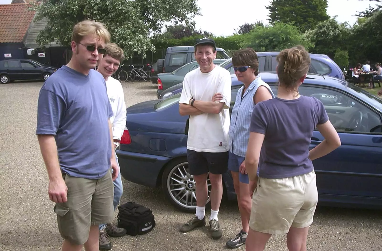 Marc, Jon, Apple. Pippa and a hiding Sue, from A BSCC Camping Trip to the Fox Inn, Shadingfield, Suffolk - 9th August 2003