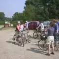 The gang on bikes on Lodge Road, A BSCC Camping Trip to the Fox Inn, Shadingfield, Suffolk - 9th August 2003