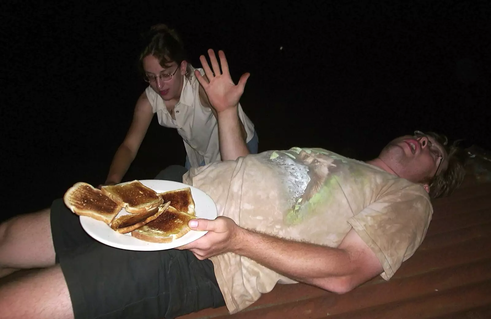 Marc flakes out with a plate of toast, from Weird Dudes on Shed and a Lost Weekend, Brome - 23rd August 2003