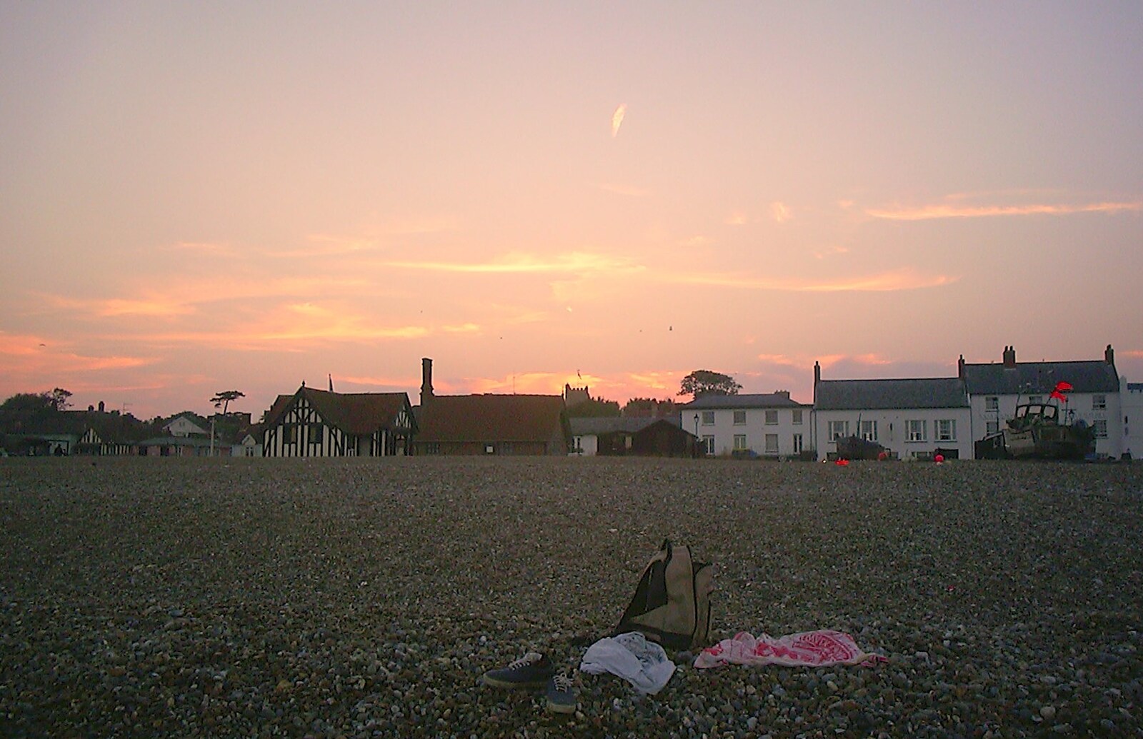The sun sets over Nosher's rucksac from Fish and Chips on the Beach, Aldeburgh, Suffolk - 12th September 2003