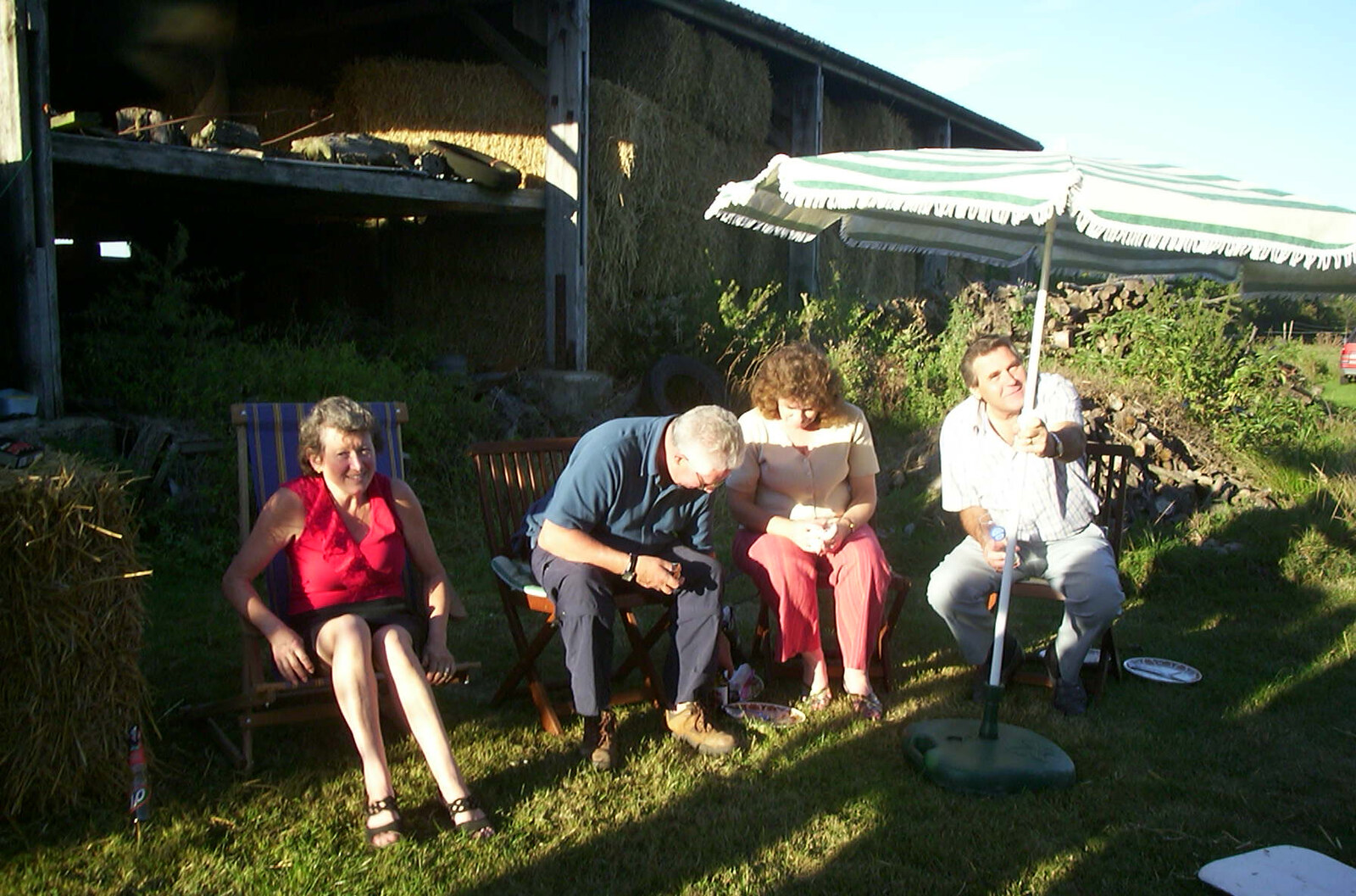 Alan tries to adjust the parasol from A Rabbit Barbeque, Dairy Farm, Thrandeston - 14th September 2003