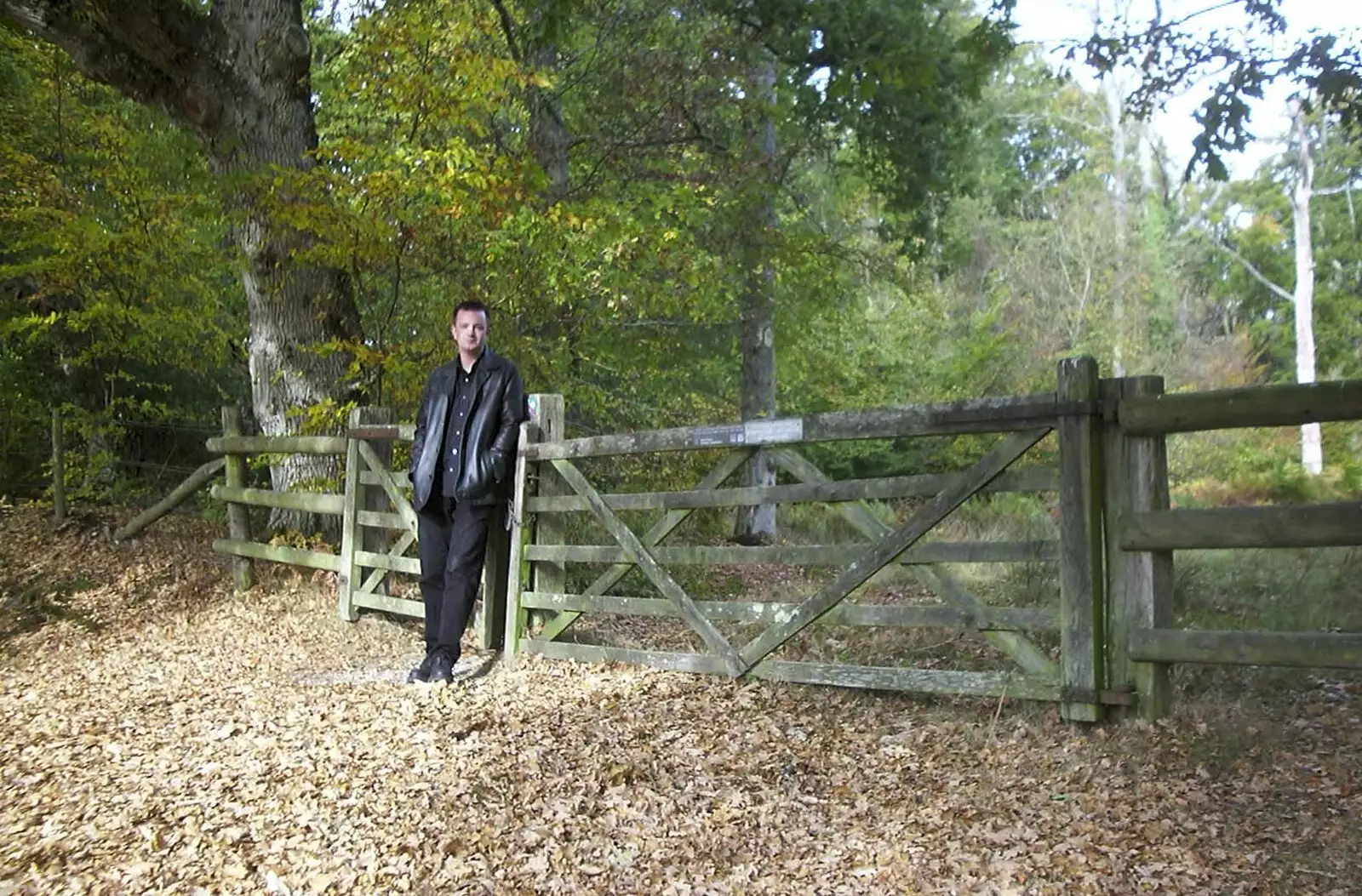 Nosher stands by a gate near Brockenhurst, from A New Forest Weekender, Hordle, Hampshire - 19th October 2003