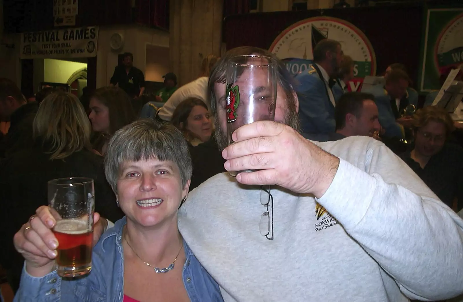 Gloria and Gerry, behind a glass, from The Brome Swan at the Norwich Beer Festival, St. Andrew's Hall, Norwich - 29th October 2003