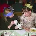 Carolyn shows a card to Suey, The BSCC Christmas Dinner, The Swan Inn, Brome, Suffolk  - 6th December 2003