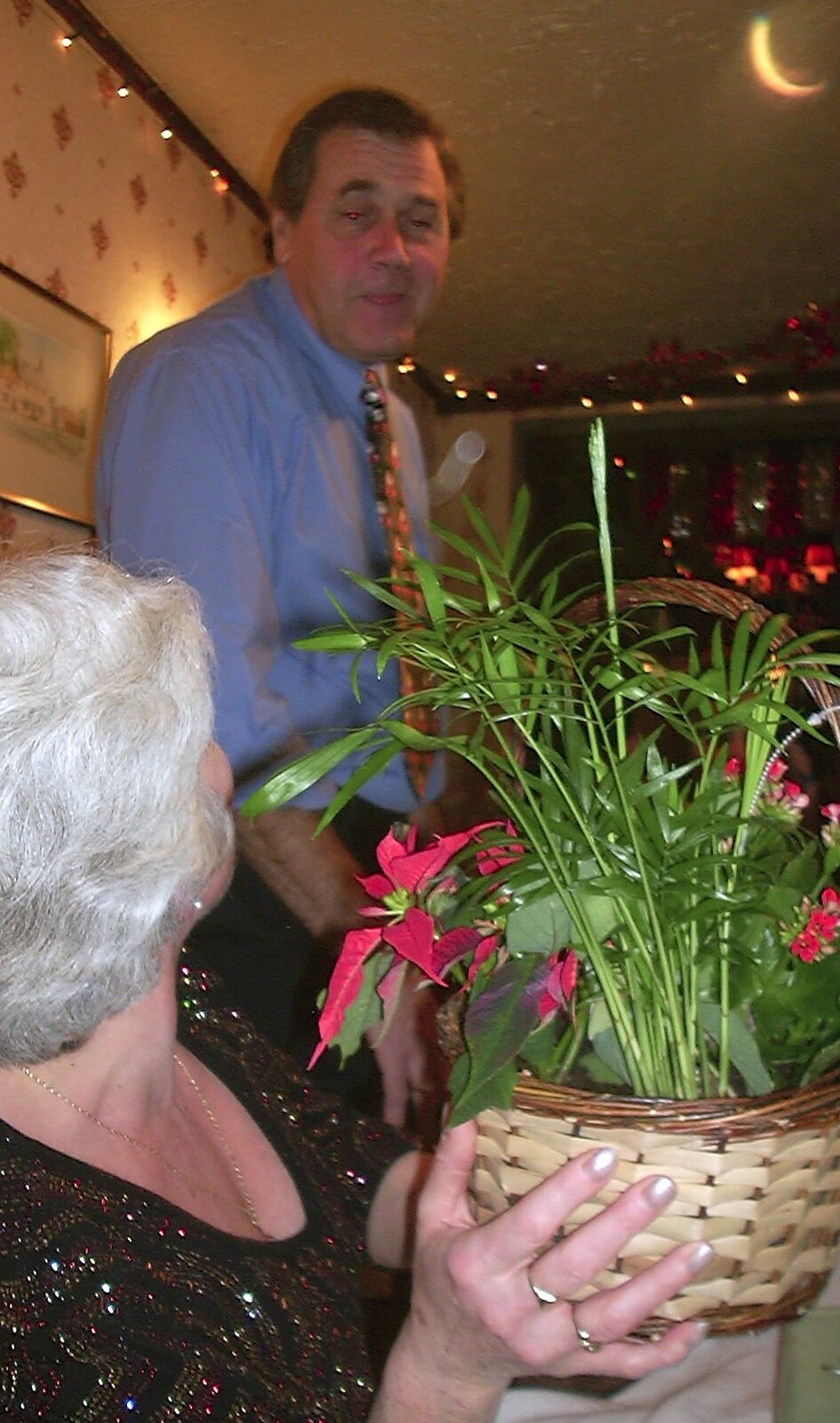 Spam gets a plant as a present from The BSCC Christmas Dinner, The Swan Inn, Brome, Suffolk  - 6th December 2003