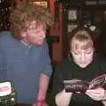 Carolyn reads a track listing, The BSCC Christmas Dinner, The Swan Inn, Brome, Suffolk  - 6th December 2003