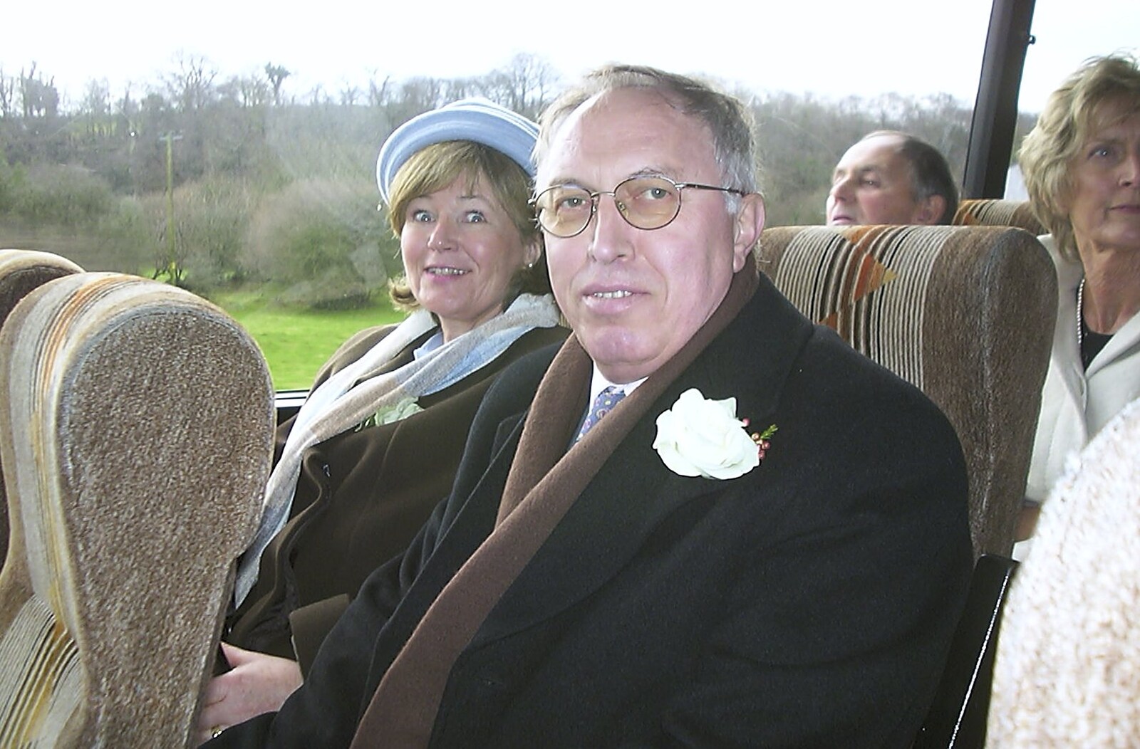 Judith and Bruno on the bus to the reception from Sis's Nearly-Christmas Wedding, Meavy, Dartmoor - 20th December 2003