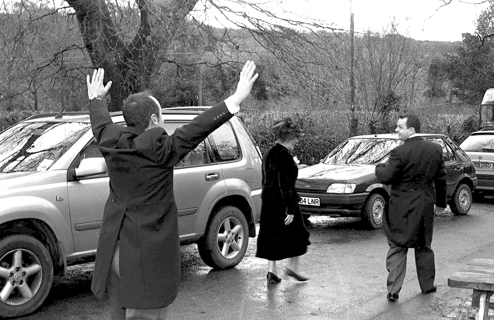 Matt waves his arms in the air from Sis's Nearly-Christmas Wedding, Meavy, Dartmoor - 20th December 2003