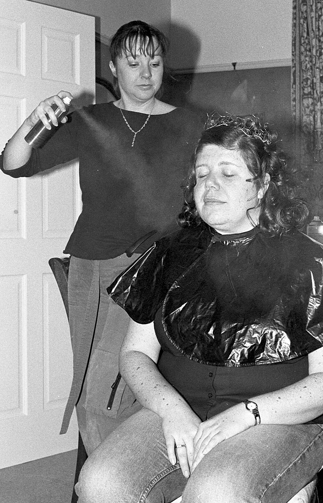 Hairspray is layered on from Sis's Nearly-Christmas Wedding, Meavy, Dartmoor - 20th December 2003