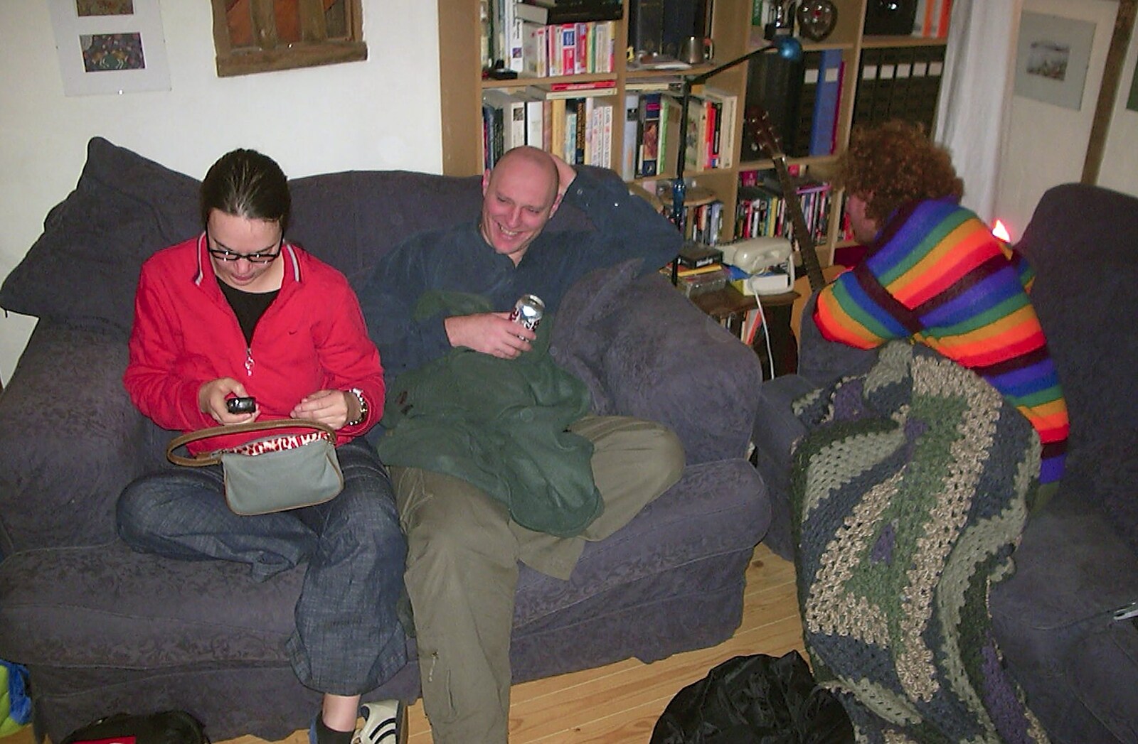 Jen checks her phone as Gov has a diet Coke from The BBs do New Year's Eve at The Cider Shed, Banham, Norfolk - 31st December 2003