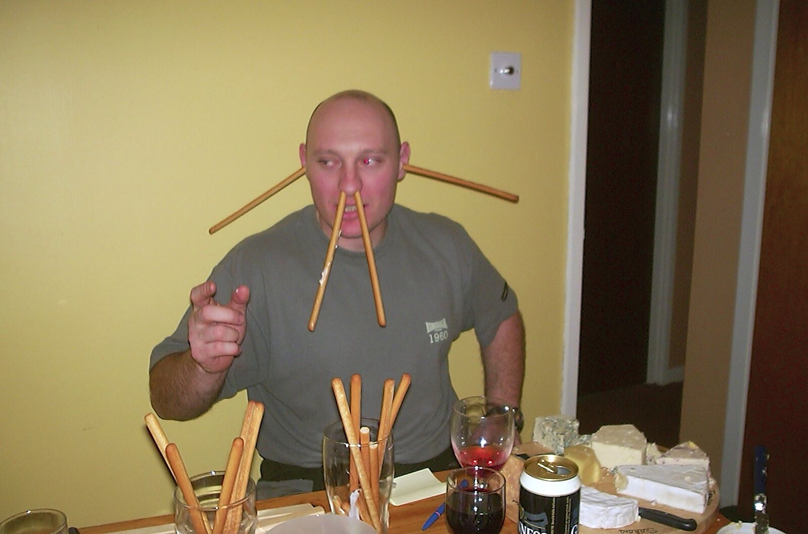 Mikey-P and Clare's House-Warming Thrash, Eye, Suffolk - 17th January 2004: Gov finds another use for Grissini bread-sticks