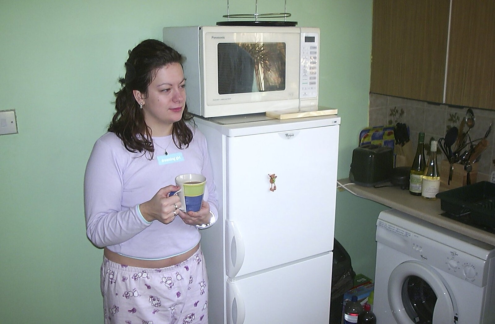 Mikey-P and Clare's House-Warming Thrash, Eye, Suffolk - 17th January 2004: Clare models her jim-jams and a mug of tea