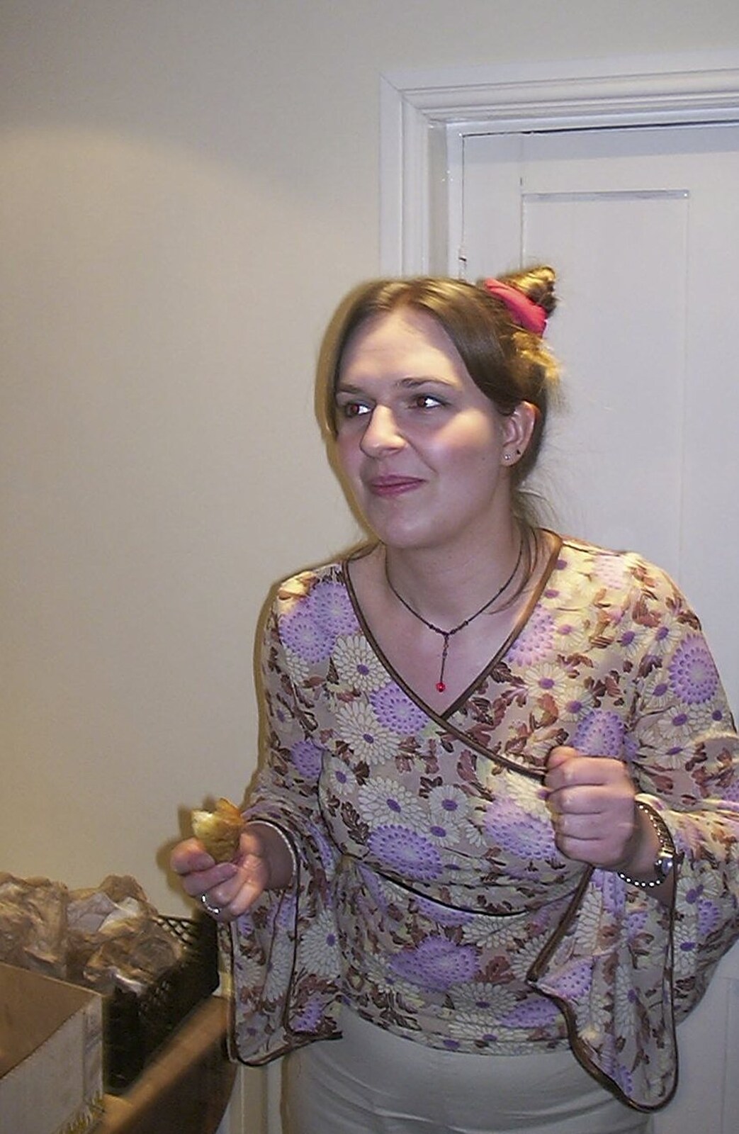 Jess furtively eats some takeaway from A Chinese-themed Murder Mystery, Eye, Suffolk - 7th February 2004