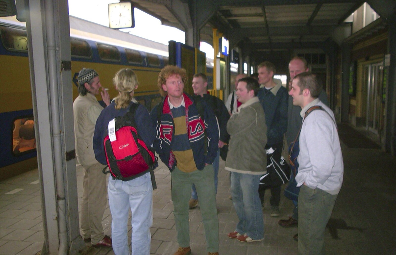On the patform at Hoek Van Holland station from Mikey-P's Stag Weekend, Amsterdam, Netherlands - 5th March 2004