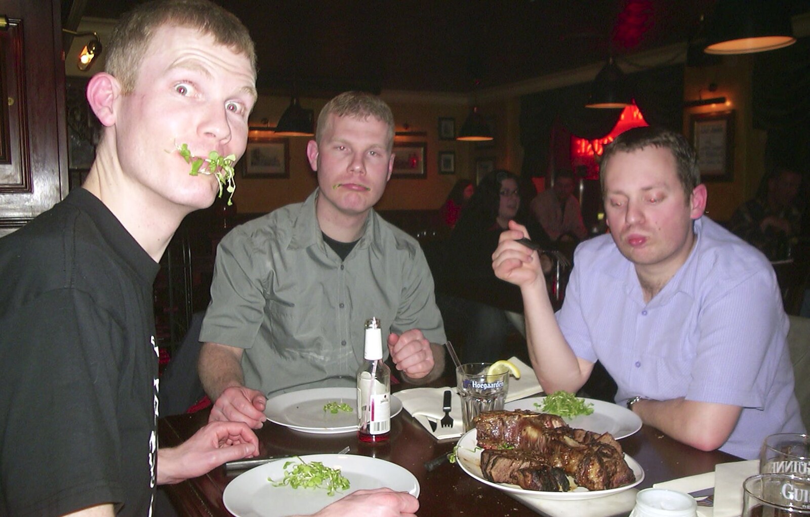 Andy eats some greens in a steak restaurant from Anne Frank, Markets and Mikey-P's Stag Do, Amsterdam, Netherlands - 6th March 2004