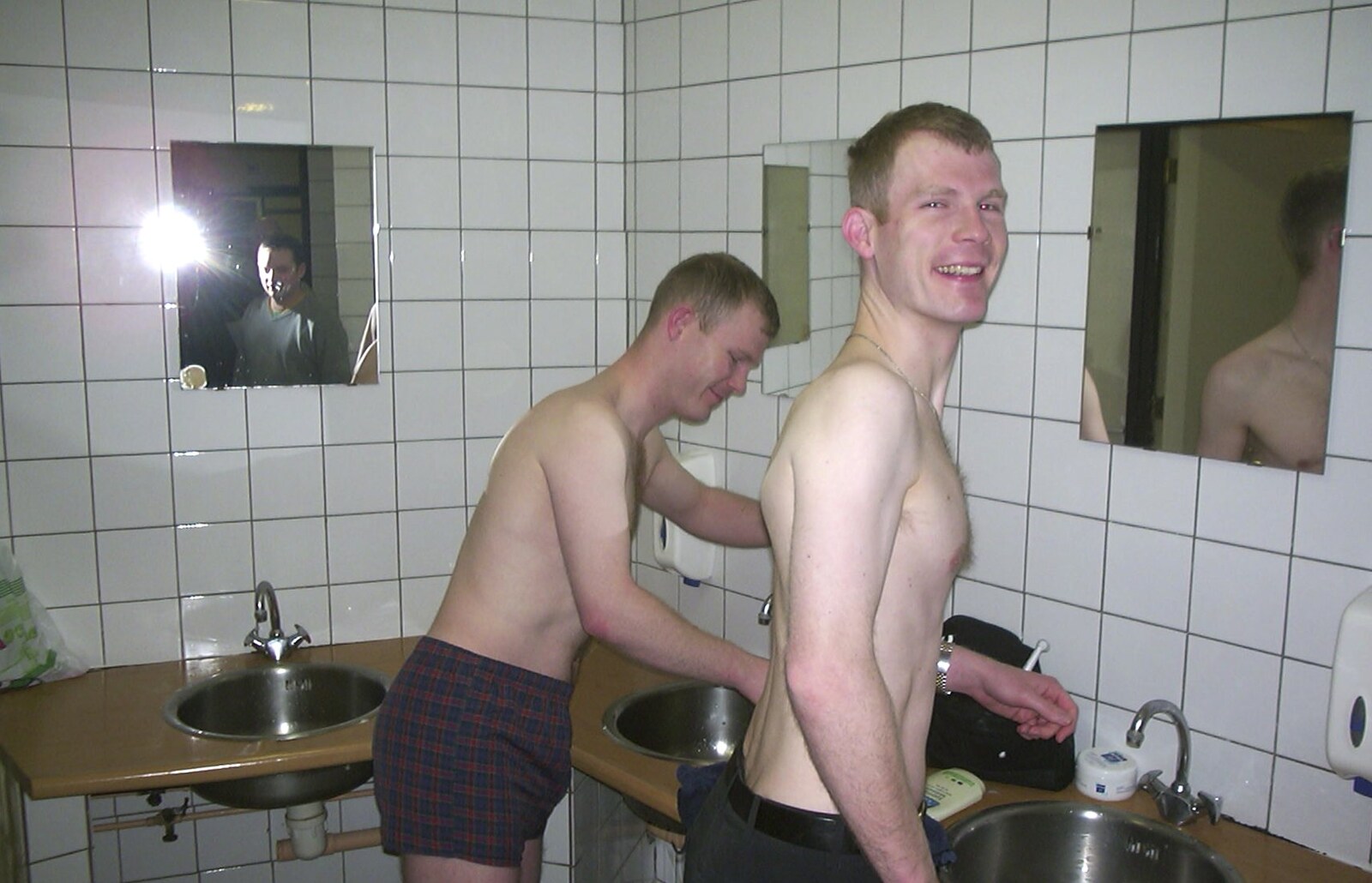 Mikey and Andy in the communual bathroom from Anne Frank, Markets and Mikey-P's Stag Do, Amsterdam, Netherlands - 6th March 2004