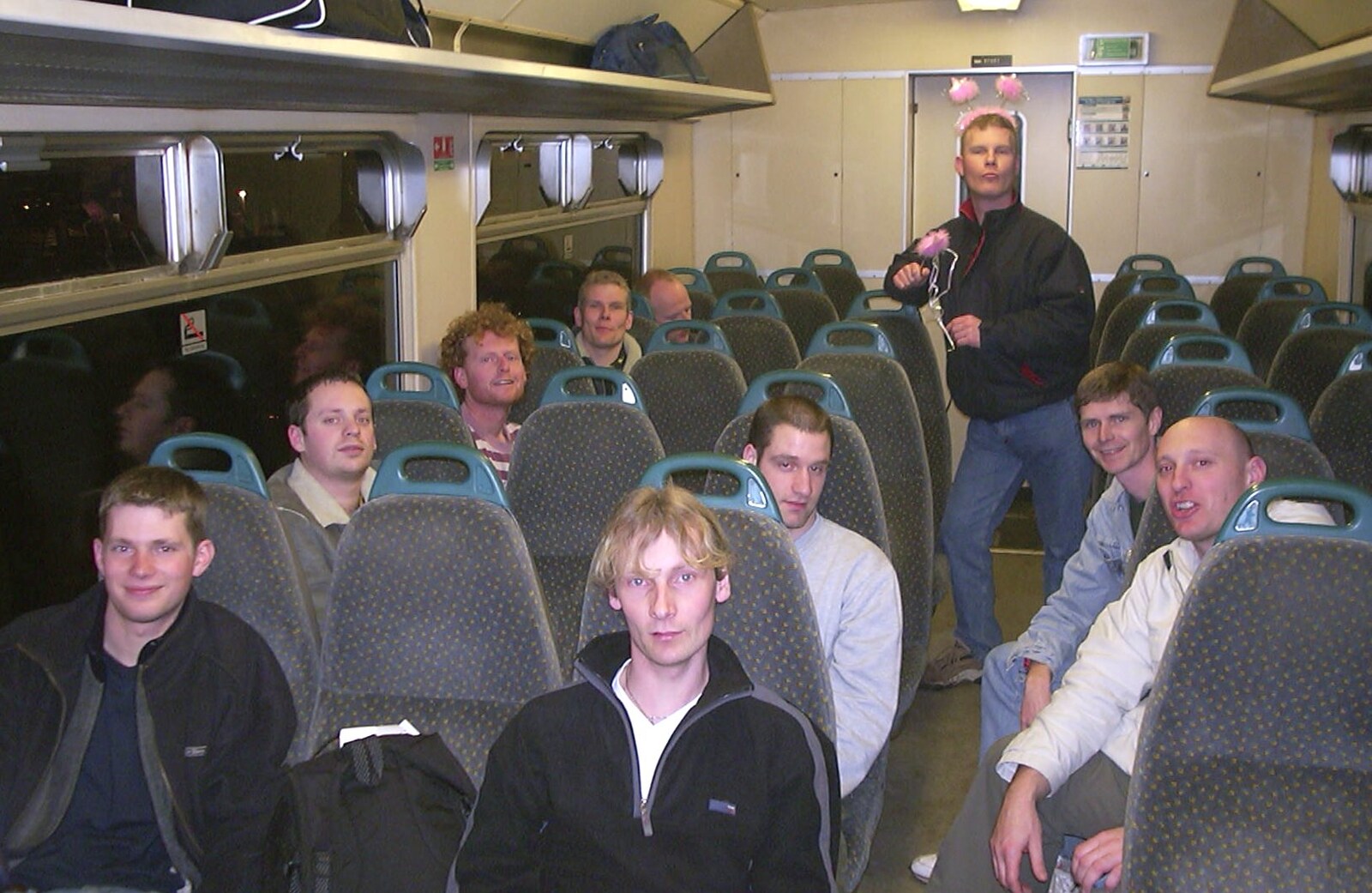 A train-based group photo from Anne Frank, Markets and Mikey-P's Stag Do, Amsterdam, Netherlands - 6th March 2004