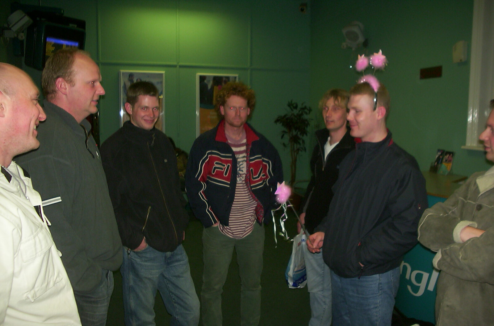 The gang in then waiting room at Stowmarket from Anne Frank, Markets and Mikey-P's Stag Do, Amsterdam, Netherlands - 6th March 2004