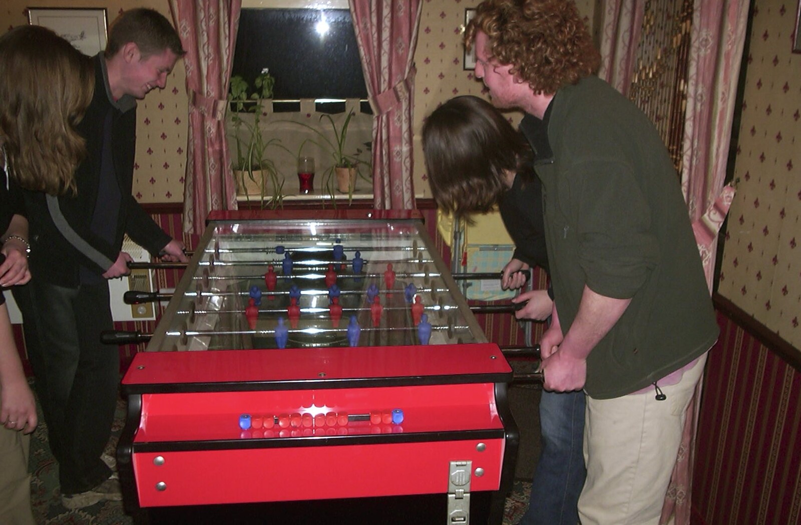 Jess, Phil, Jen and Wavy on table football from Fire Training and Lorraine's New Sprog, Cambridge and Brome - 10th March 2004