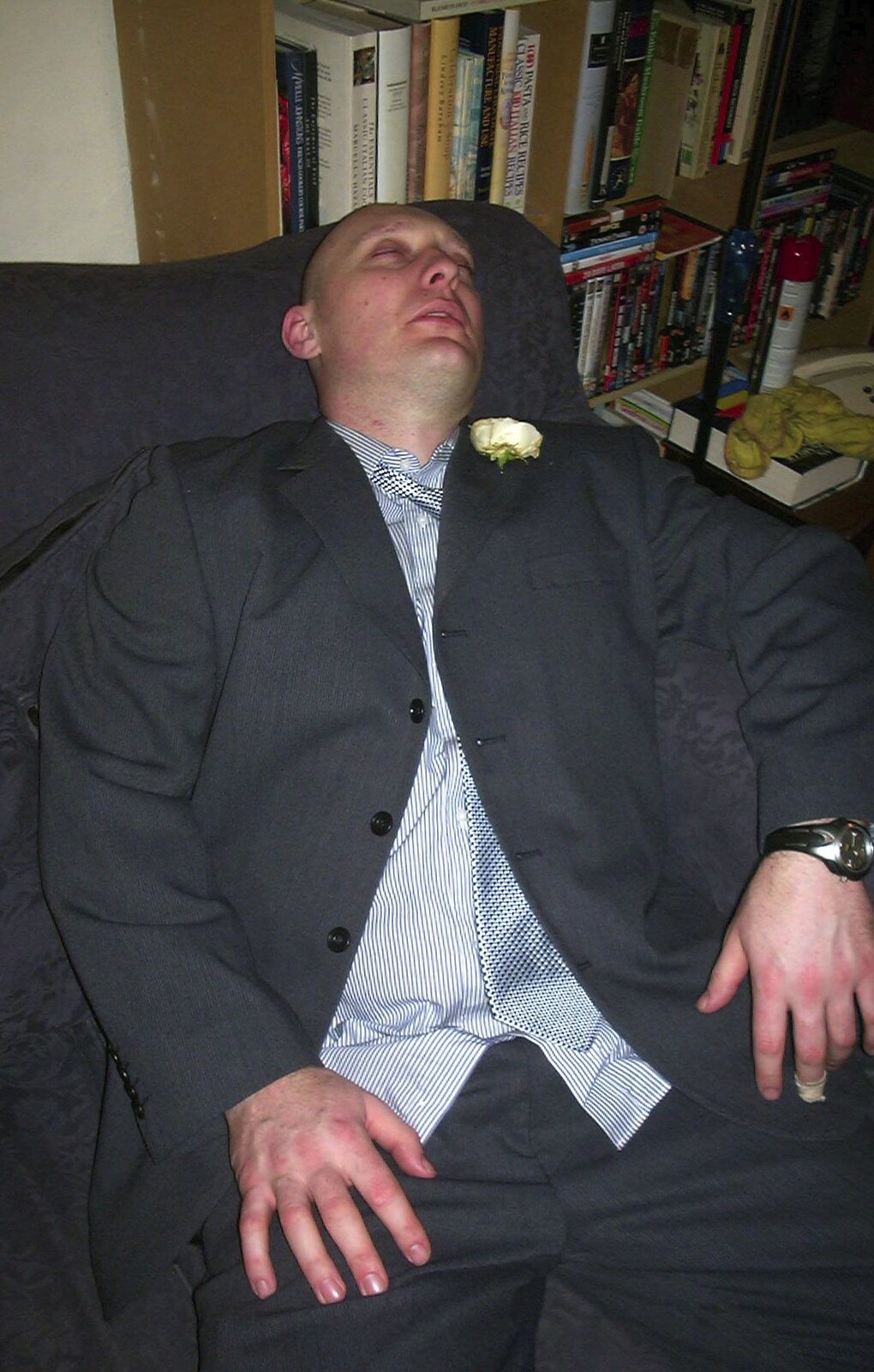 Back at Nosher's, Gov has a sleep from Mikey-P and Clare's Wedding Reception, Brome Grange, Suffolk - 20th March 2004
