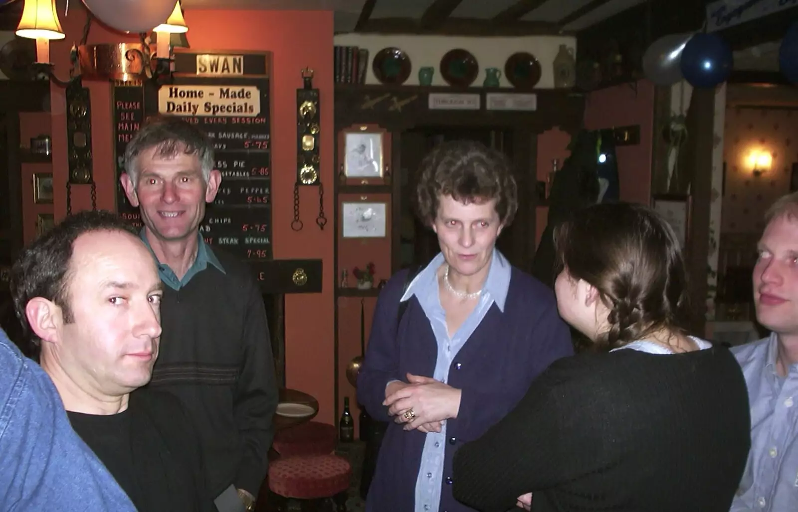 Mick and Janice, and a DH hairy eyeball, from Paul and Claire's Engagement Party, Brome Swan, Suffolk - 27th March 2004