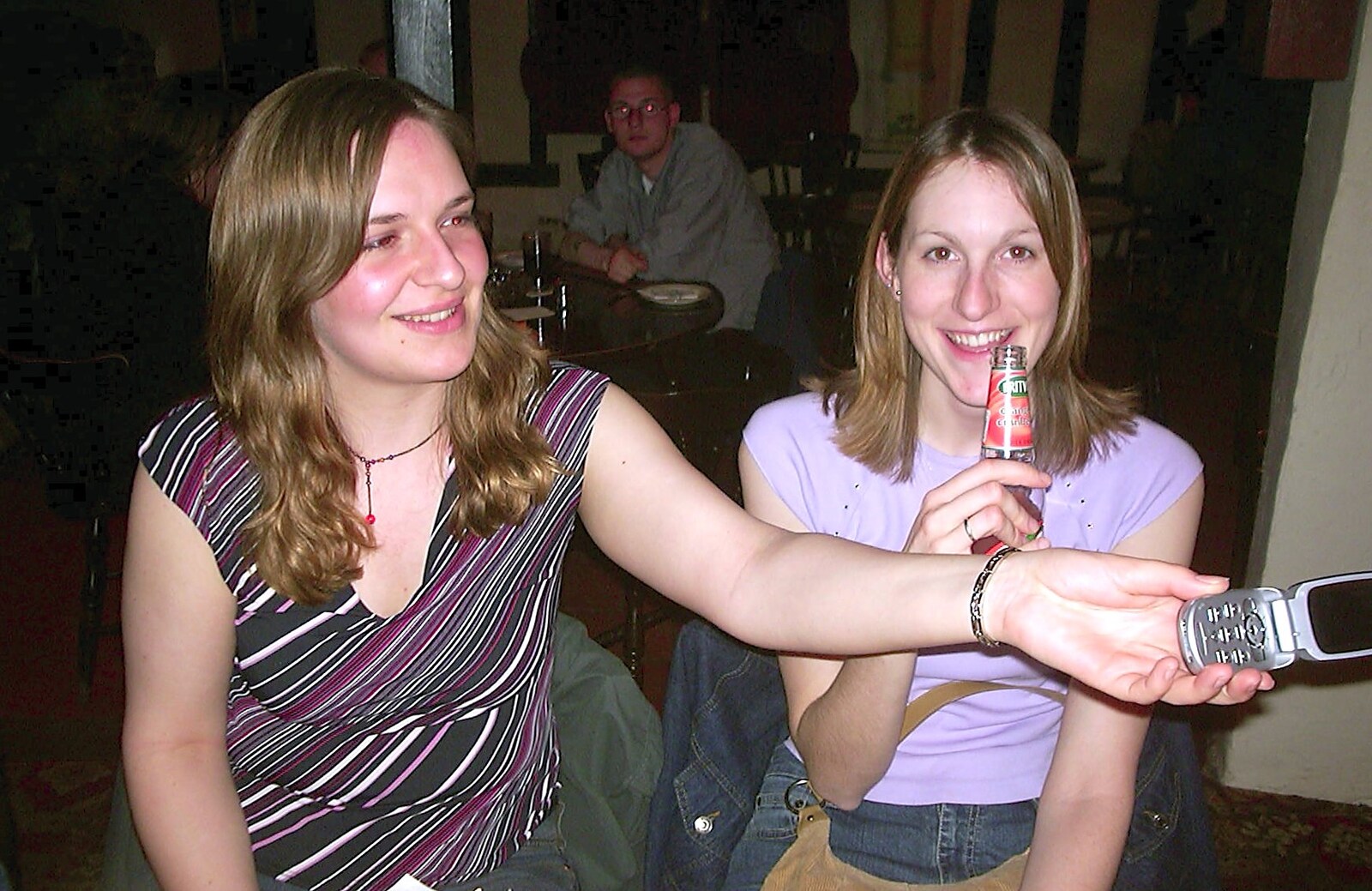 Jess waves her phone about from Jess's Birthday Do, The King's Head, Pulham St Mary, Norfolk - 3rd April 2004