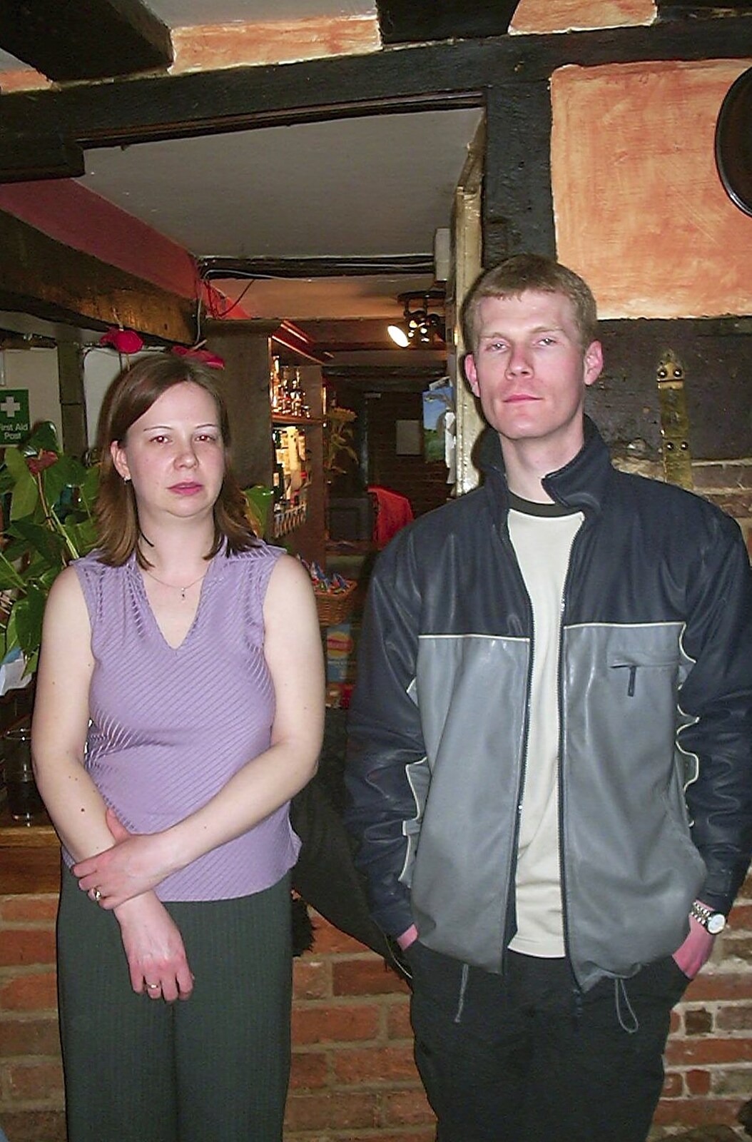 Jackie and Andy look serious from Jess's Birthday Do, The King's Head, Pulham St Mary, Norfolk - 3rd April 2004