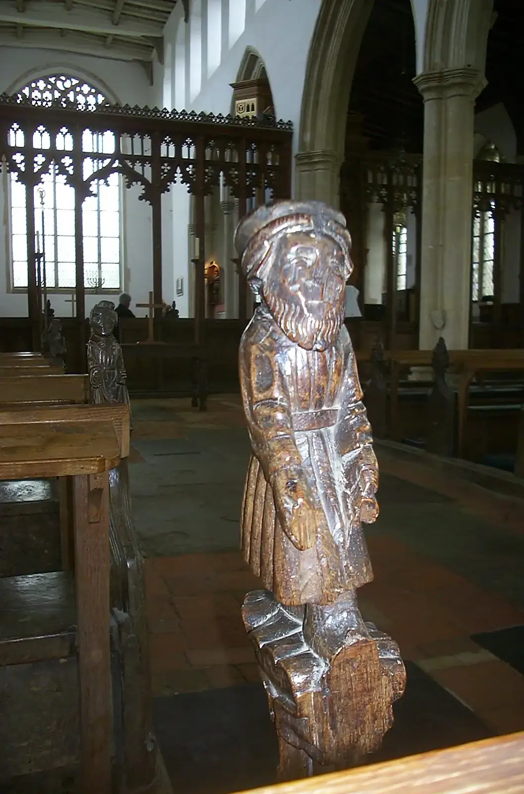 A carved Mediaeval pew-end, from Moping in Southwold, Suffolk - 3rd April 2004