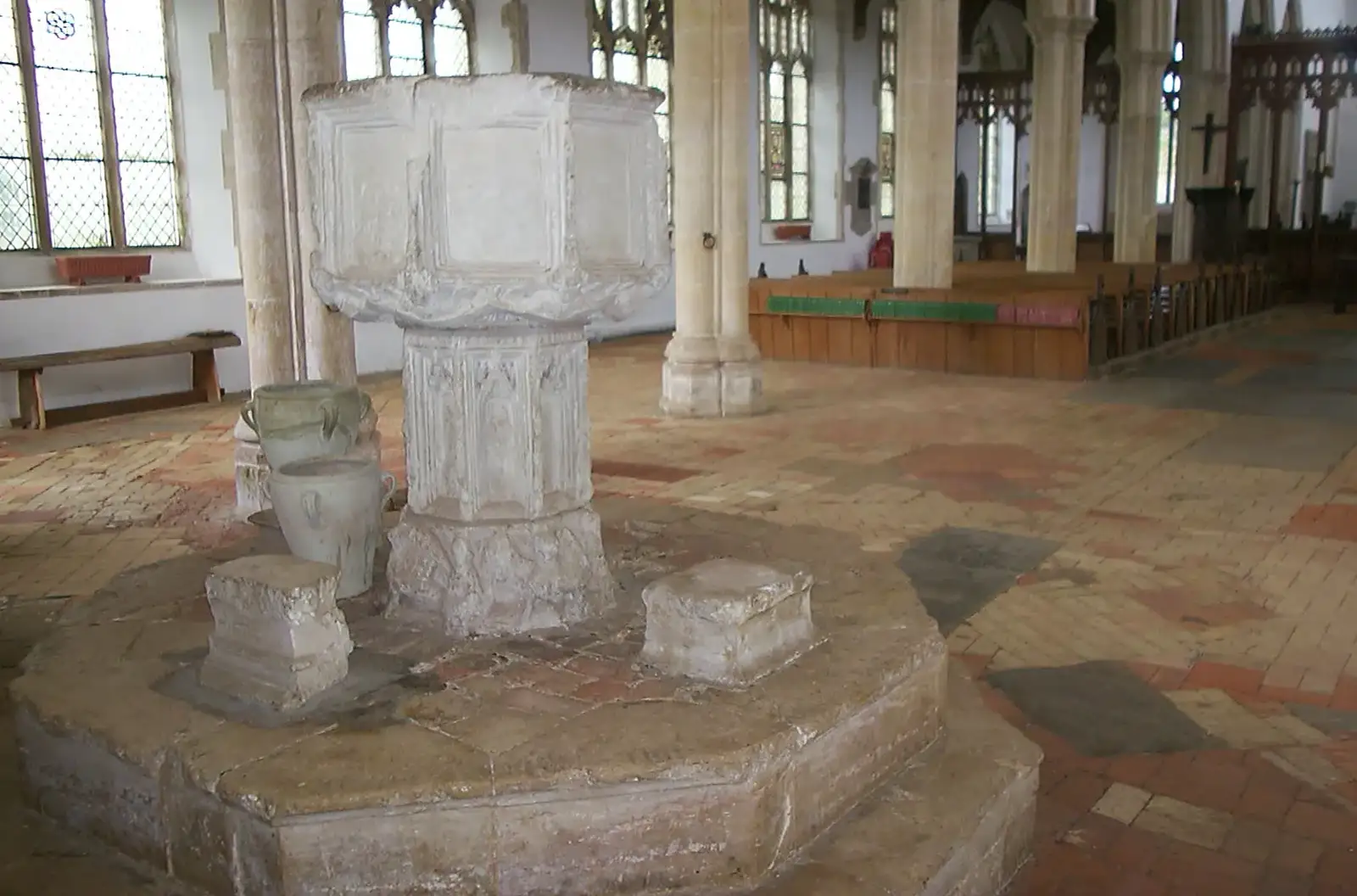 The Mediaeval font in Holy Trinity, from Moping in Southwold, Suffolk - 3rd April 2004