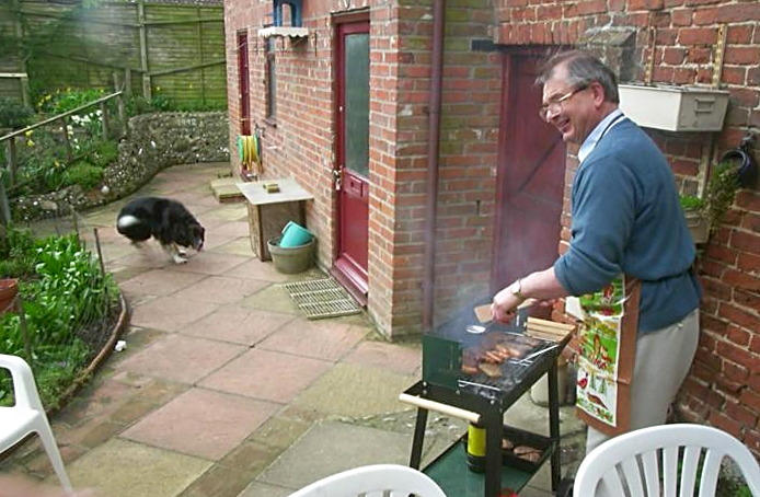 Jess's dad mans the barbeque from Jess's Post-Birthday Barbeque and a Walk Around Pulham - 4th April 2004