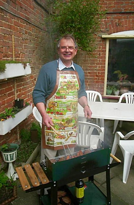 Brian in his barbeque apron from Jess's Post-Birthday Barbeque and a Walk Around Pulham - 4th April 2004