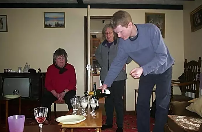 Champagne comes out for a birthday toast, from Jess's Post-Birthday Barbeque and a Walk Around Pulham - 4th April 2004