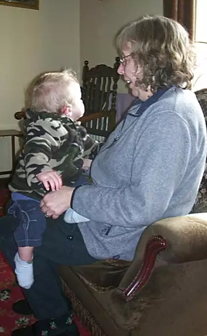 Tyler sits on grandma's knee, from Jess's Post-Birthday Barbeque and a Walk Around Pulham - 4th April 2004