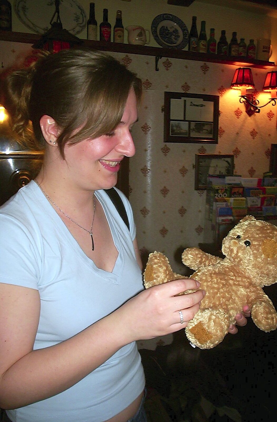 Jess checks out a teddy bear from Wednesday and Thursday: The BSCC Season Opens, and Stuff Happens, Suffolk - 9th April 2004