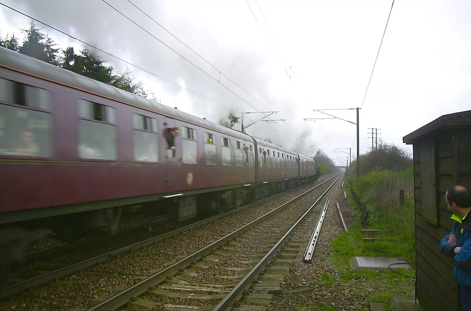 The rake of maroon BR TSO coaches rumbles past, from The BSCC Easter Bike Ride, Thelnetham and Redgrave, Suffolk - 10th April 2004