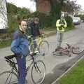 Bill's off his bike again, as DH looks back, The BSCC Easter Bike Ride, Thelnetham and Redgrave, Suffolk - 10th April 2004