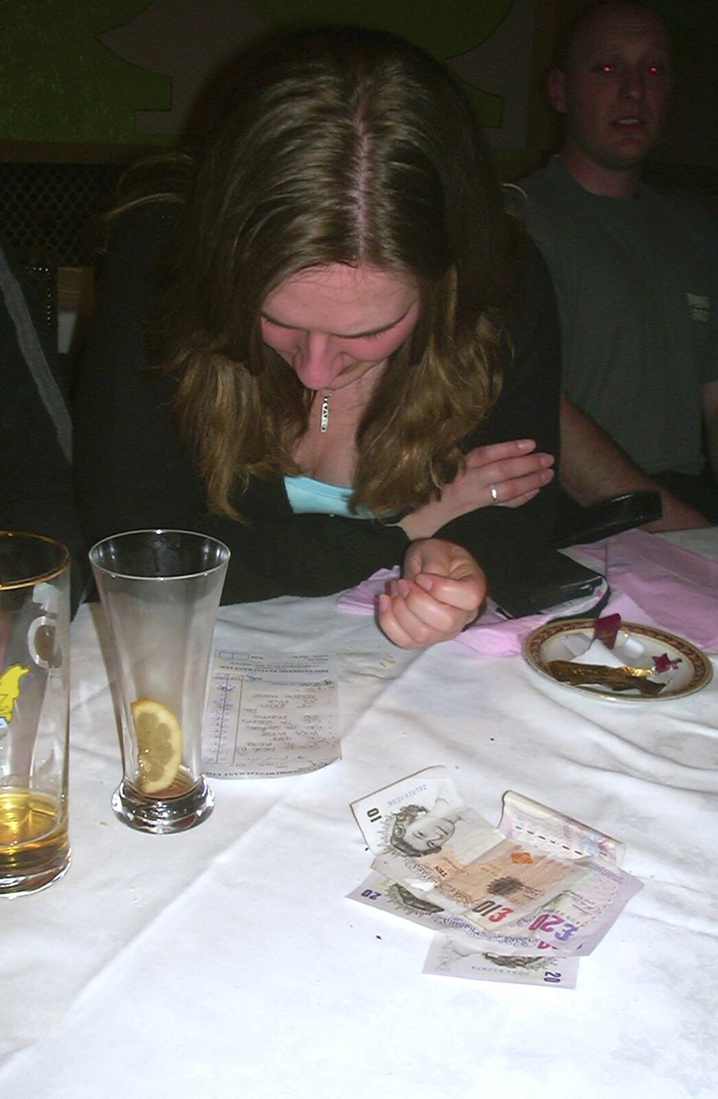 Jess scopes out the bill from A Car in Bits and a Trip to Diss Tandoori, Diss, Norfolk - 12th April 2004