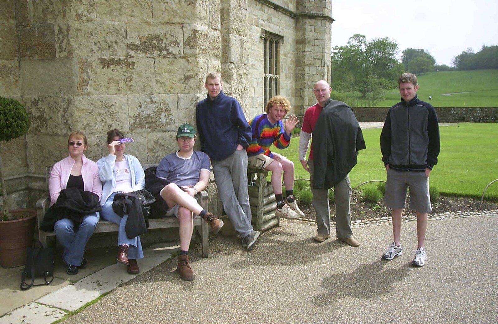The gang wait for Nosher outside the castle from A Trip Around Leeds Castle, Maidstone, Kent - 9th May 2004