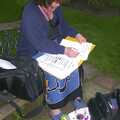 Jo sorts out a set list for the night, The BBs do Gissing Hall and a Night in the Front Garden, Gissing and Brome, Norfolk and Suffolk - 14th May 2004