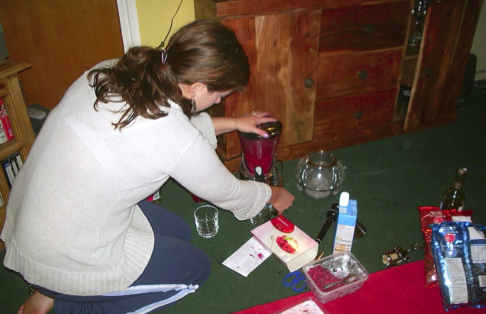 Clare does some more raspberry smoothie from Trigenix Mexican and a Fire-Escape Barbeque, Eye, Suffolk - 22nd May 2004
