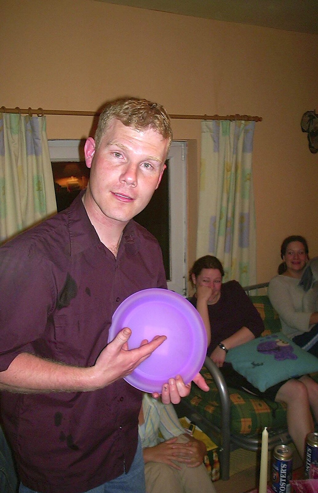 Mikey shows off a purple plate from Trigenix Mexican and a Fire-Escape Barbeque, Eye, Suffolk - 22nd May 2004