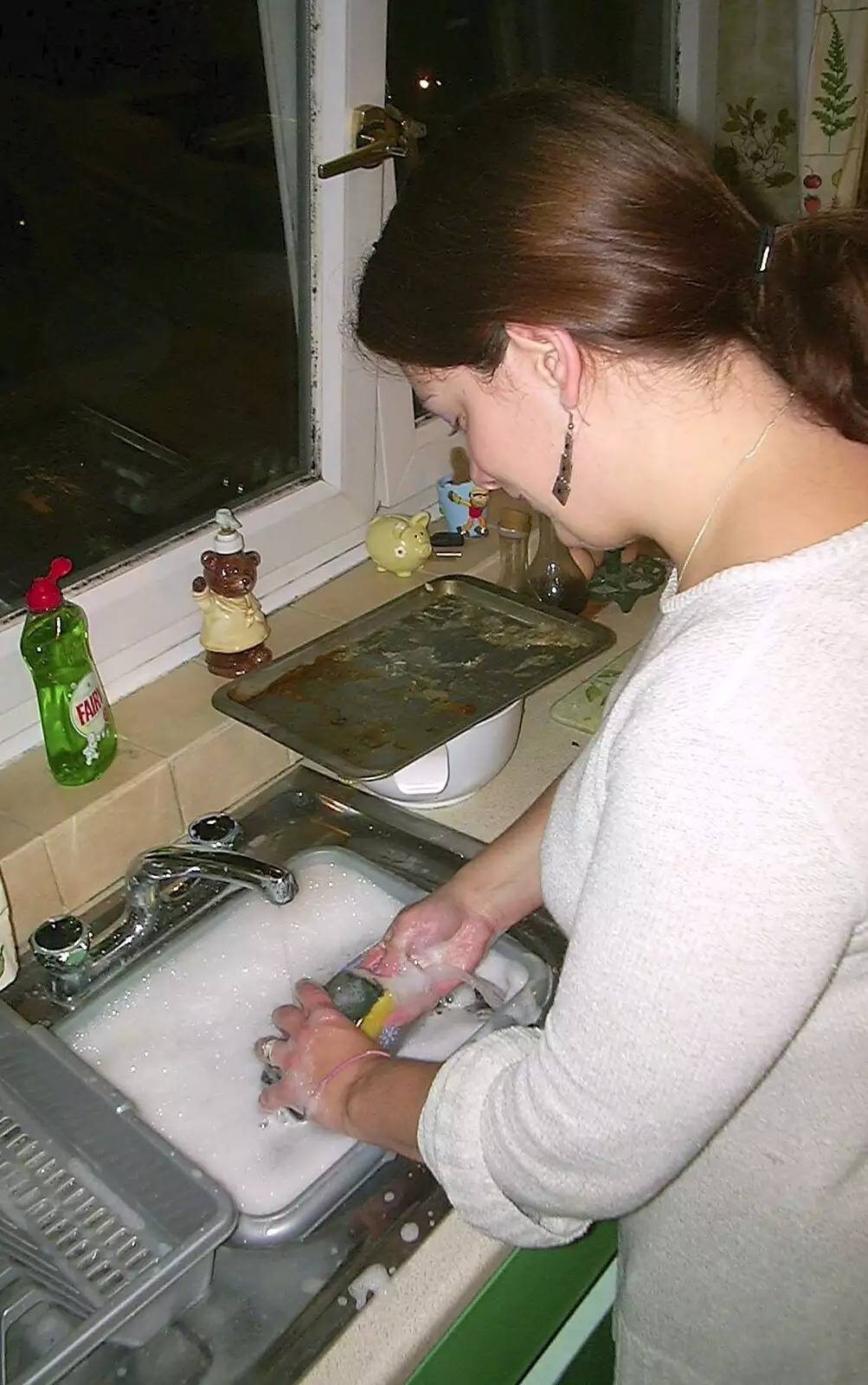 Clare does a spot of washing up, from Trigenix Mexican and a Fire-Escape Barbeque, Eye, Suffolk - 22nd May 2004