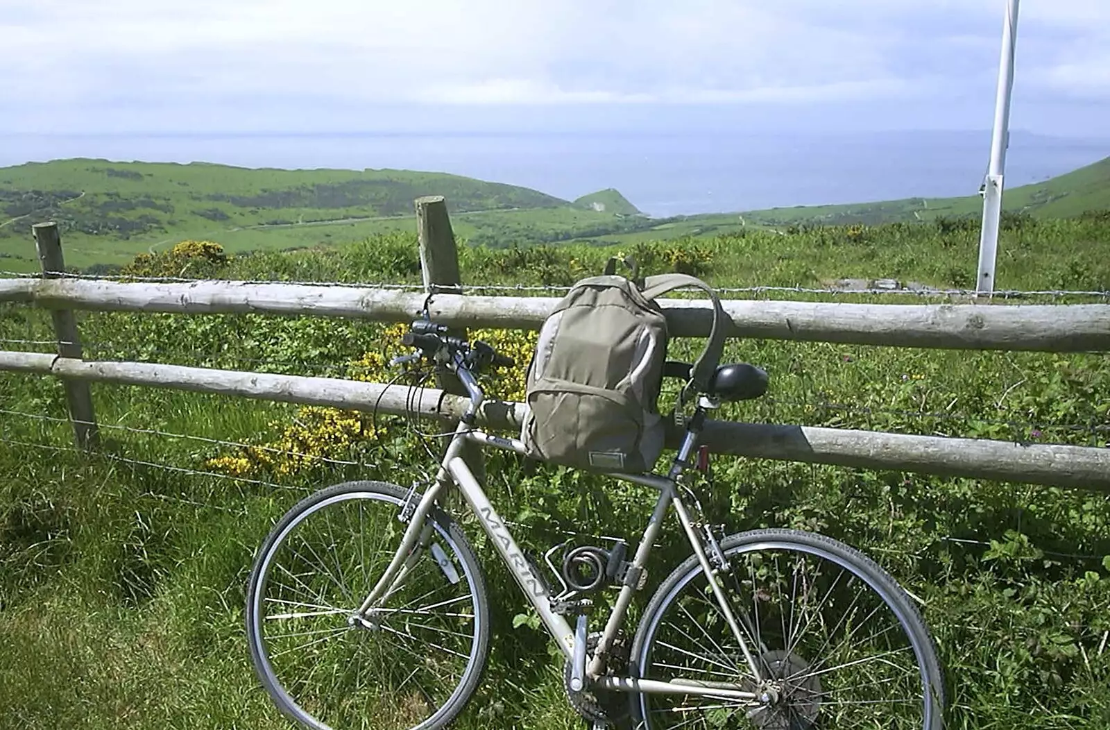 Nosher's trusty bike and backpack, from Corfe Castle Camping, Corfe, Dorset - 30th May 2004