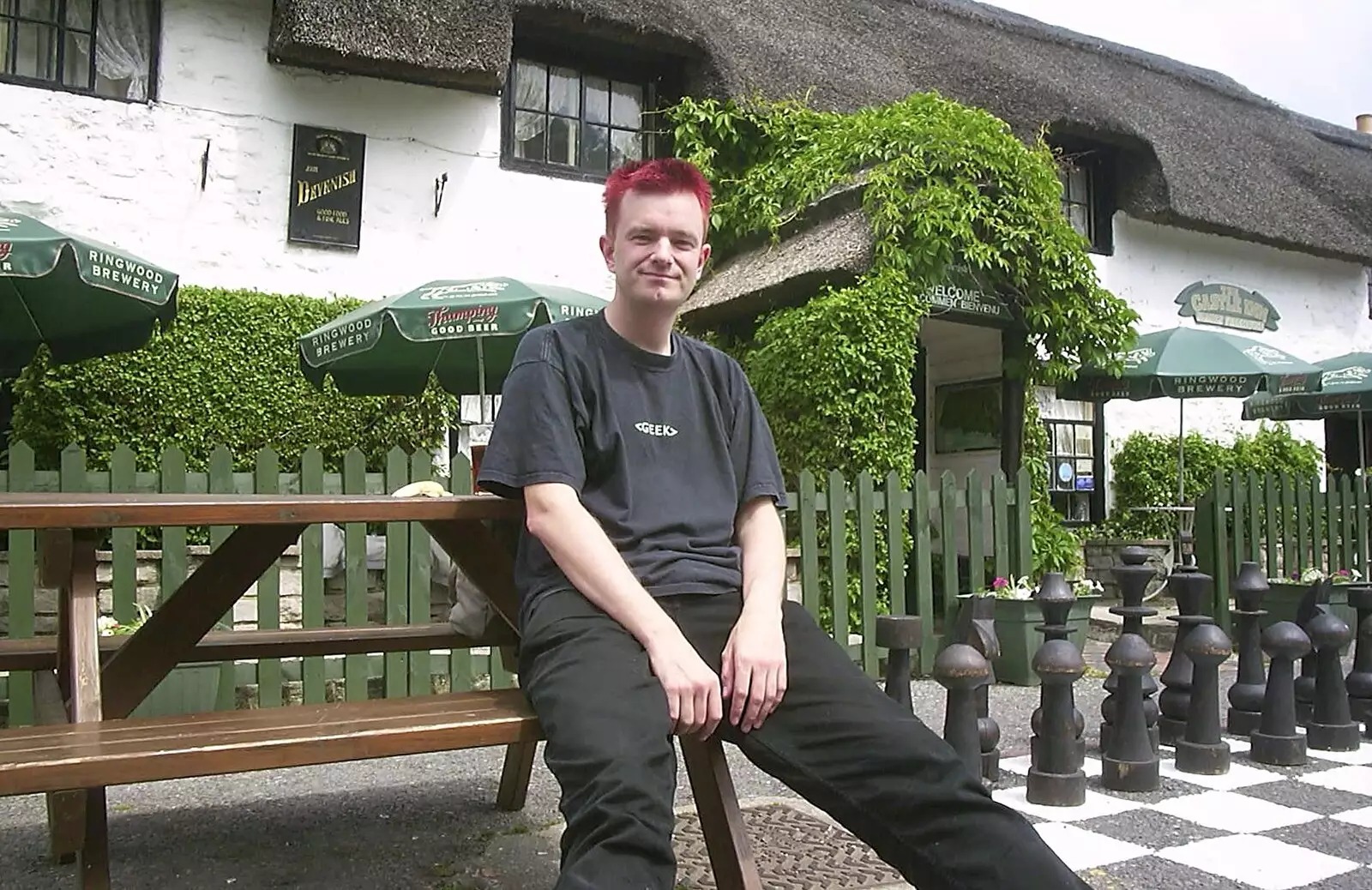 Nosher and red hair outside the Castle Inn pub, from Corfe Castle Camping, Corfe, Dorset - 30th May 2004